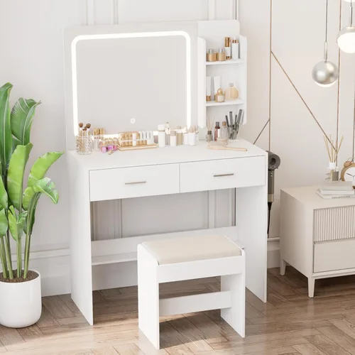 Miniatura 5 de Tocador de maquillaje con espejo iluminado y toma de corriente – 2 estantes, 2 cajones, almacenamiento inferior – Viene con taburete tapizado