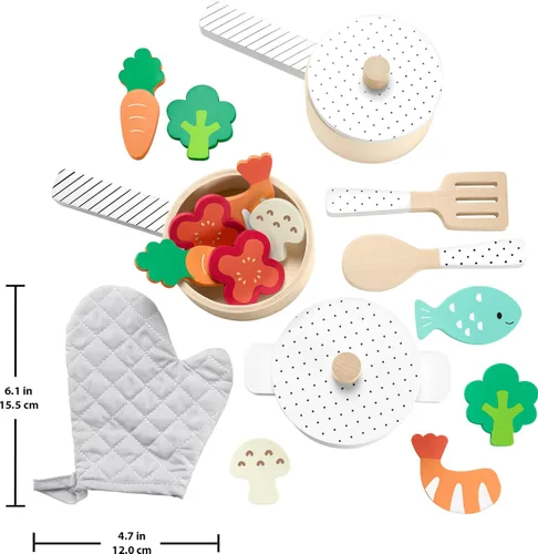 Miniatura 6 de Fisher-Price Juego de Cocina de Madera de Juego de Simulación Juego de Ollas y Sartenes, Conjunto de Juego de 19 Piezas de Madera, Metal y Tela