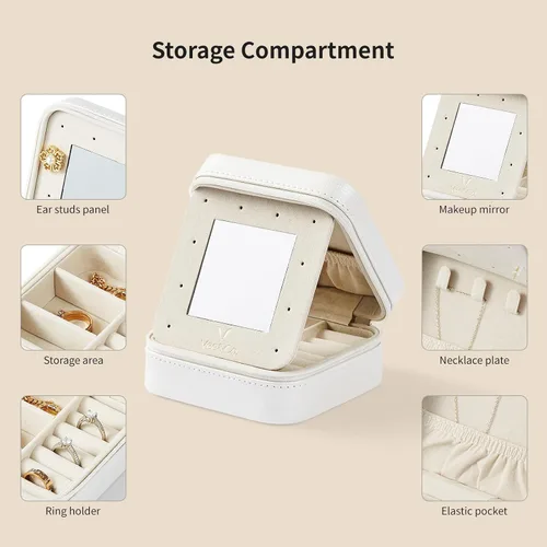 Miniatura 3 de Vee - Caja pequeña de joyería de viaje, mini organizador de joyas con espejo, caja de joyería portátil para aretes, anillos, collares, pulseras