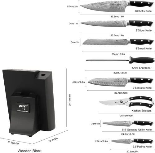 Miniatura 2 de NANFANG BROTHERS Juego de cuchillos de cocina de Damasco de 9 piezas con bloque, mango ergonómico ABS para juego de cuchillos de chef, afilador