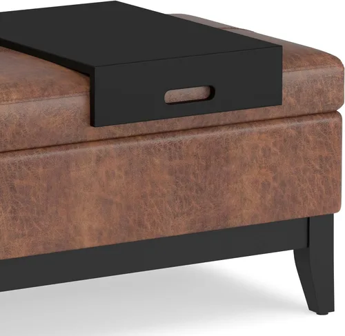 Miniatura 11 de SIMPLIHOME Oregon - Banco otomano de almacenamiento con bandeja, banco otomano rectangular de cuero vegano de 42 pulgadas de ancho, color marrón