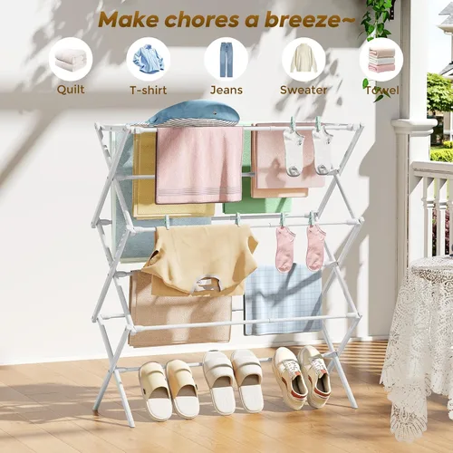 Miniatura 7 de KINGBOARD Tendedero de secado de ropa plegable con 11 postes, estante de secado de lavandería de 3 niveles, estante de secado de ropa pequeño Blanco