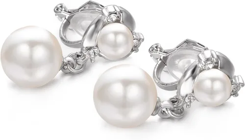 Miniatura 4 de Yoursfs Aretes de perlas con clip para mujer, aretes de perlas de agua dulce de imitación para orejas no perforadas, aretes de dama de honor, Metal