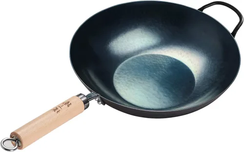 Miniatura 11 de ZhenSanHuan Wok de Hierro Martillado a Mano con Fondo Plano Apto para Inducción (32CM, Mango de Hierro)