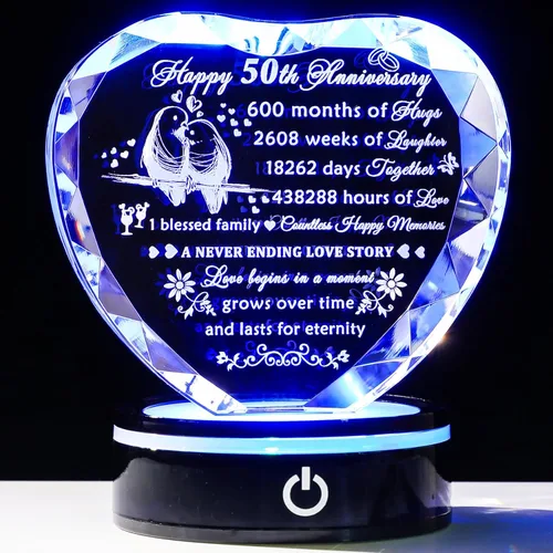 Miniatura 15 de YWHL Regalos de corazón de cristal para parejas con base LED, grabado con láser, regalo de recuerdo de feliz décimo aniversario para esposa, marido