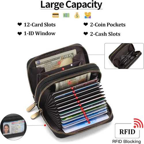 Miniatura 3 de SENDEFN Tarjetero de cuero para tarjetas de crédito, cartera pequeña para mujer, bloqueo RFID, doble cremallera con ventana de identificación