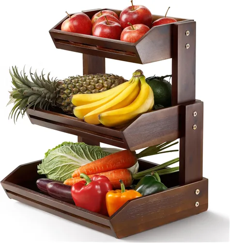 Miniatura 9 de HOLANA Cesta de frutas de 2 niveles de acacia para organizador de encimera de cocina – Tazón de frutas de madera y cesta de madera
