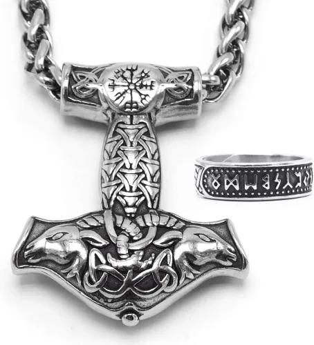 BAVIPOWER Viking Ram - Colgante de cabeza de cabra Mjolnir, collar de martillo de Thors de acero inoxidable, joyería pagana nórdica para hombres y