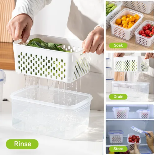 Miniatura 2 de Paquete de 3 recipientes de almacenamiento de frutas para refrigerador, recipientes herméticos de almacenamiento de alimentos con colador extraíble