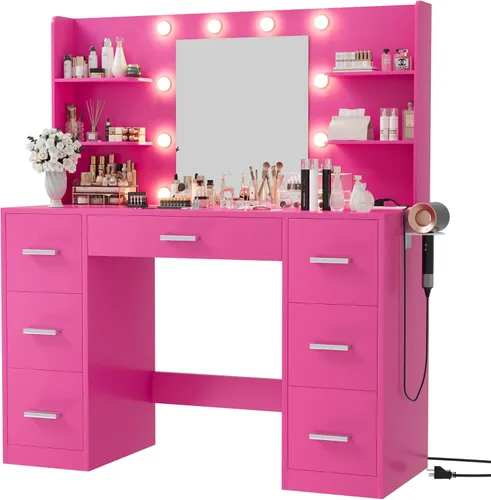Miniatura 8 de Furmax - Escritorio de tocador con espejo, luces LED y toma de corriente, mesa de maquillaje con 7 cajones y 6 estantes de almacenamiento, mesa