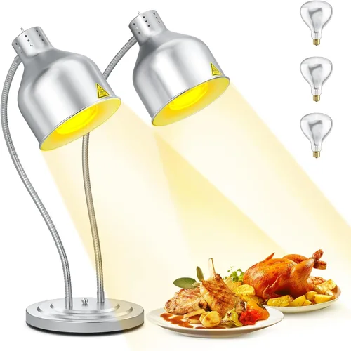 Miniatura 10 de Lámpara de calor de alimentos, 500 W de doble cabeza de acero inoxidable comercial lámpara calentadora de alimentos con rotación de 540° y 3 Rojo