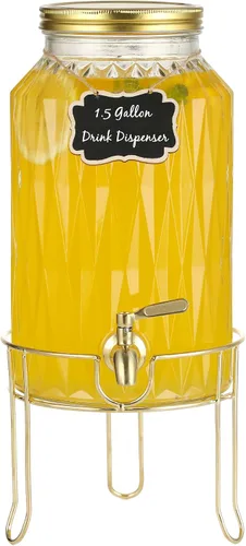 Dispensador de bebidas de vidrio de 1.5 galones con soporte, dispensador grande de bebidas con grifo de acero inoxidable, etiquetas de pizarra y