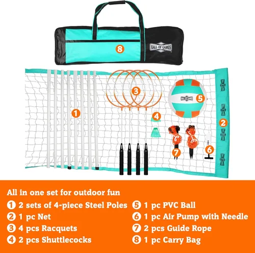 Miniatura 7 de Hall of Games Red de voleibol y bádminton al aire libre con bolsa de transporte, juego de accesorios y postes de acero ajustables perfectos