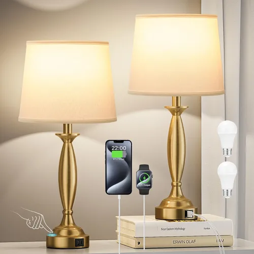 Miniatura 9 de Juego de 2 lámparas blancas para dormitorio, lámpara de noche de control táctil con USB C+A, lámparas de mesita de noche regulables de 3 vías