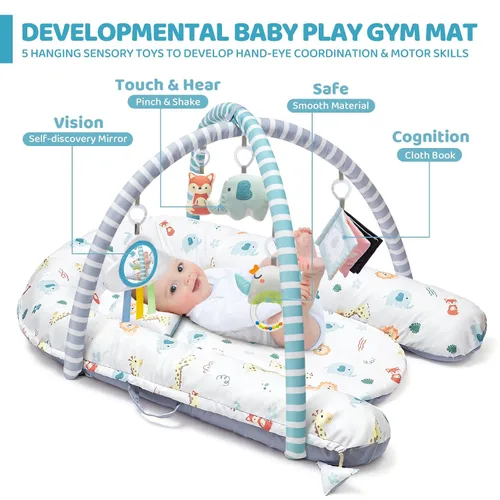 Miniatura 10 de Tapete de juego para bebé, tapete de gimnasio 7 en 1 para desarrollo sensorial y motor, lavable y portátil, tapete de actividad de tiempo boca abajo