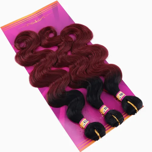 Miniatura 3 de Extensiones de cabello ondulado sintético de color rojo vino 3 paquetes de 16 18 20 pulgadas, color ombre de negro a burdeos, trenza de cabello