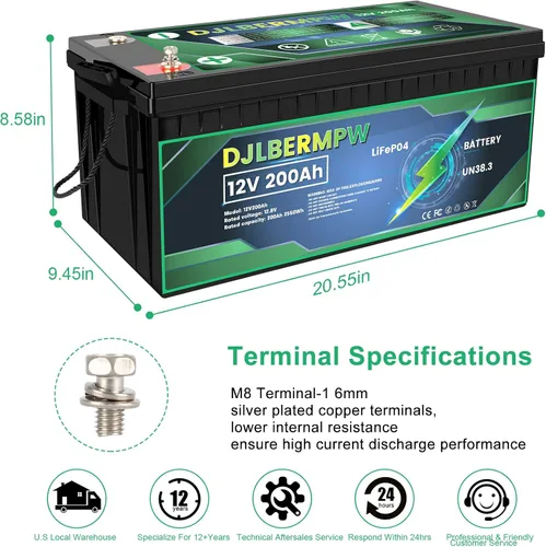 Miniatura 2 de Batería de litio, batería LiFePO4 de 12V 200Ah de fosfato de hierro, batería recargable de ciclo profundo, BMS incorporado, adecuado para energía