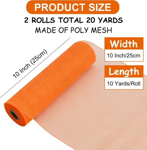 Miniatura 2 de TONIFUL 2 rollos de cinta de malla decorativa naranja de 10 pulgadas, malla de tela para suministros de corona de malla, corona de puerta delantera