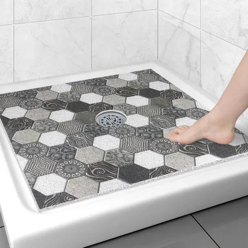 Miniatura 41 de Alfombrilla de ducha cuadrada antideslizante: 24 x 24 pulgadas para ducha interior con orificio de drenaje en el medio, tapete de ducha de masaje