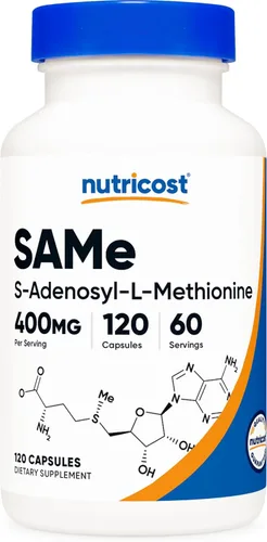 Nutricost SAM-e (S-Adenosil-L-Metionina) 400 mg por porción, 60 porciones, 200 mg por cápsula, 120 cápsulas – Sin OMG, Sin gluten Same, Vegetariano