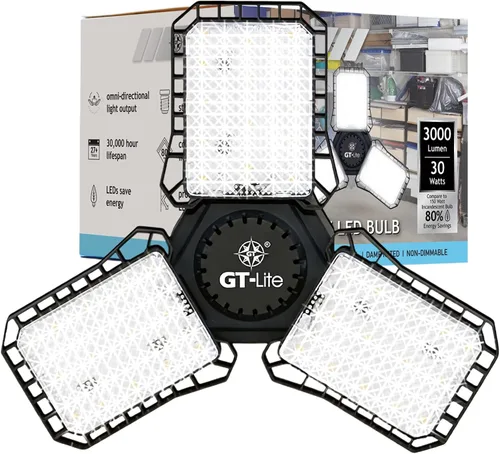 Miniatura 7 de GT-Lite Luz LED de garaje de 3000 lúmenes, equivalente a 300 vatios, bombilla ajustable de 3 paneles, equivalente a 150 W, luz diurna de 5000 K, E26