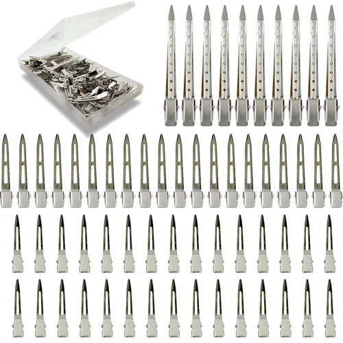 Miniatura 8 de HiJeaton 42 piezas de pinzas para el pelo de metal plateado con pico de pato para peinar y separar, pinzas largas de pico de pato, rulos de pinza