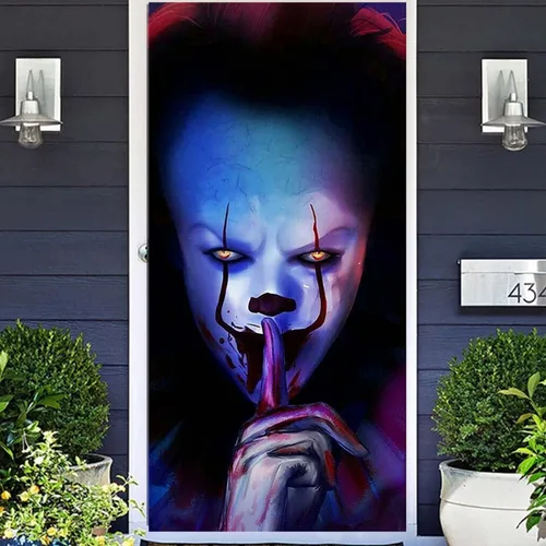 Cartel de Halloween de payaso de Joker para decoración de puerta, telón de fondo de película de terror de truco o trato, asesino de personajes de