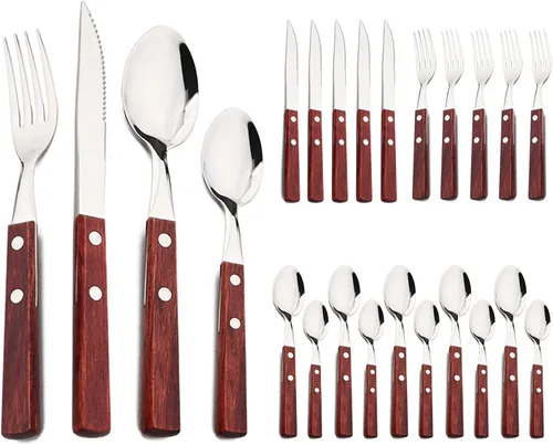 Miniatura 11 de Juego de cubiertos de madera de acero inoxidable 304 con mango ancho, juego de cubiertos de madera duradera, utensilios reutilizables, espejo
