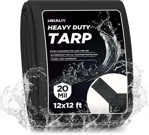 Miniatura 9 de HIRALIY Lona impermeable resistente de 20 mil, lona negra de 7 x 12 pies con bucles de cincha reforzados, lona de tela Oxford multiusos para leña
