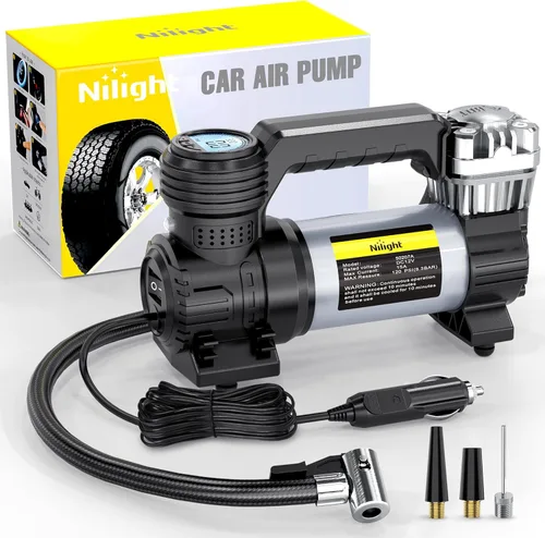 Nilight Compresor de aire portátil, inflador de neumáticos de 12 V, resistente 120 PSI, bomba de metal, doble cilindro, presión digital, inflado