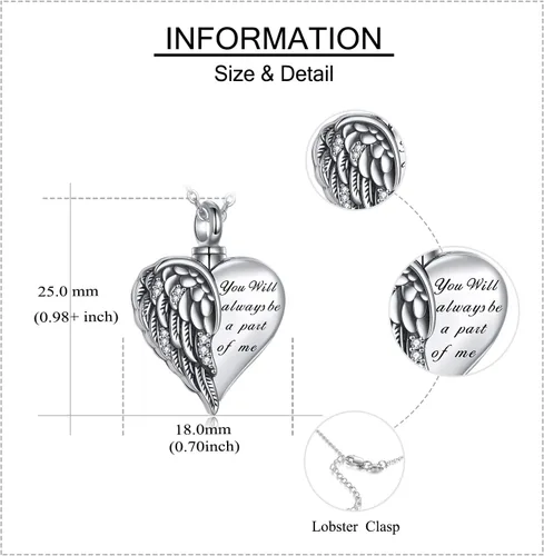 Miniatura 30 de YFN Collares de urna para cenizas, de plata de ley, alas de ángel de la guarda, collares de urna para cenizas, cremación de mascotas, joyería