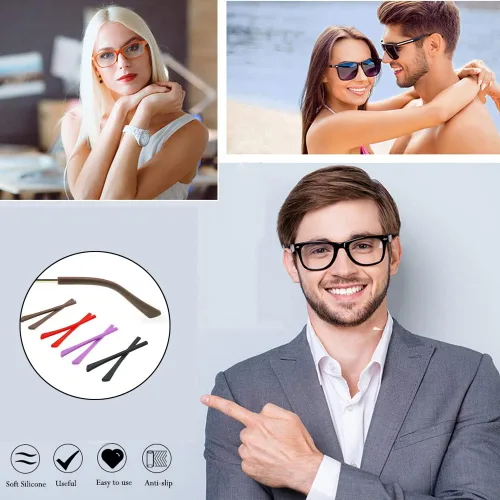 Miniatura 7 de Junsika Patillas de repuesto de lentes antideslizantes de silicona suave para patas planas y delgadas, 8 pares, color negro