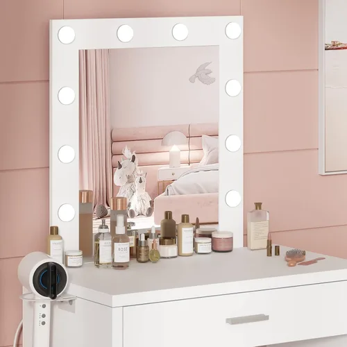 Miniatura 3 de Titoni Pequeño tocador de maquillaje con espejo y luces, escritorio blanco con silla, brillo ajustable, juego de mesa de maquillaje para dormitorio