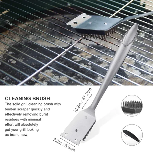 Miniatura 5 de Grilljoy Juego de 8 herramientas resistentes para parrilla BBQ con espátula de acero inoxidable extra gruesa, tenedor, pinzas y cepillo de limpieza