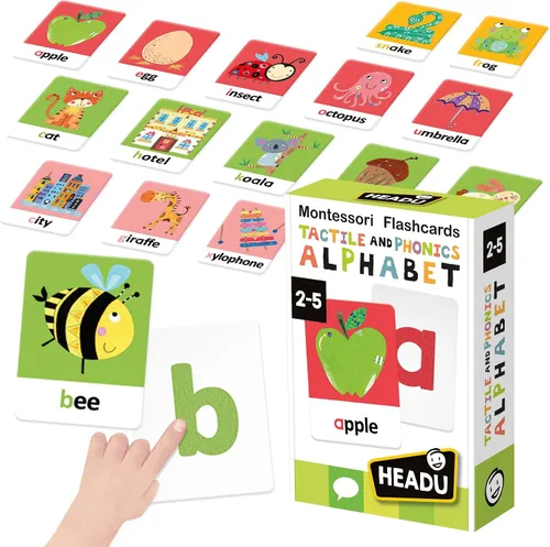Headu Tarjetas táctiles y fonéticas del alfabeto Montessori - Actividades de aprendizaje preescolar de 2 a 5 años, tarjetas educativas ABC para