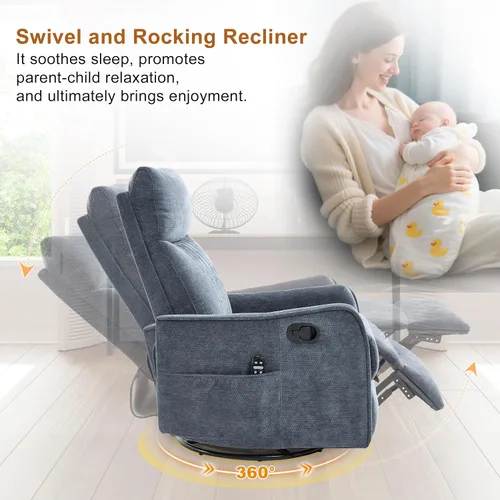 Miniatura 4 de Silla Reclinable Giratoria Manual con Balancín para Adultos, Sillón Reclinable Acolchado con Masaje y Calor, Silla Reclinable para Sala de Estar