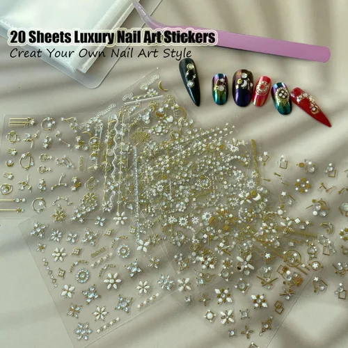 Miniatura 3 de 20 hojas de calcomanías de uñas 3D, diseño de oro/diamante, lujosas calcomanías de uñas autoadhesivas con relieve, calcomanías de uñas de flores