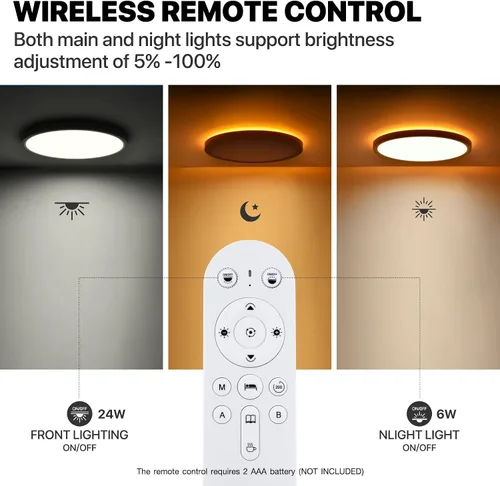 Miniatura 5 de Lámpara de techo LED regulable con control remoto, 24 W, 2640 lúmenes, 12 pulgadas, luz nocturna cálida de 2000 K y 3000 K-6500 K, moderna lámpara