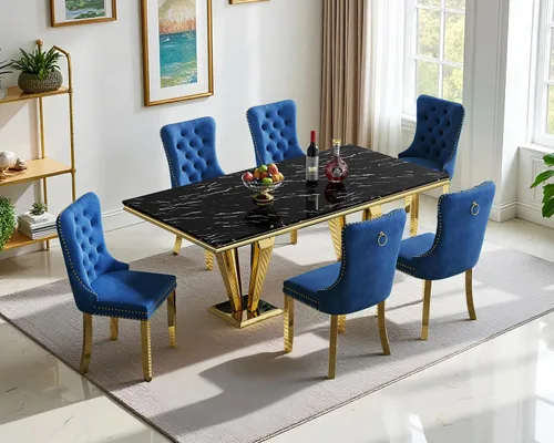 Miniatura 18 de Henf Juego de mesa de comedor de mármol sintético de 68 pulgadas para 6, juego de mesa de comedor de 7 piezas con 6 sillas copetudas de terciopelo