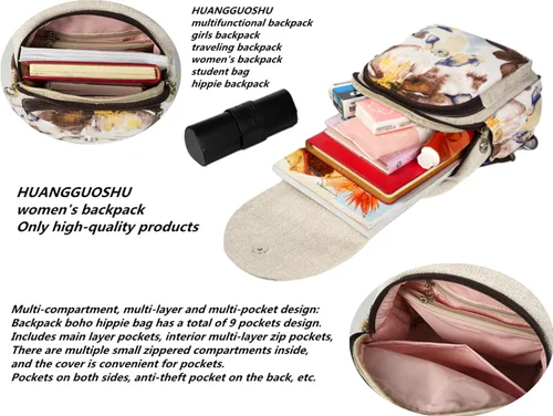 Miniatura 69 de HUANGGUOSHU Mochila de algodón tejida de algodón bohemio con bordado de lona estilo bohemio con múltiples bolsillos retro linda mochila cartera