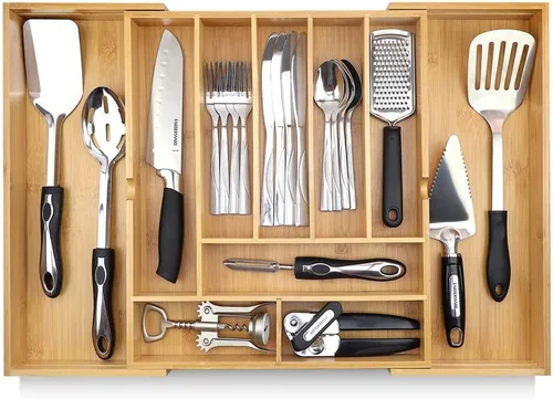 Miniatura 17 de Pristine Bamboo bandeja organizadora de cubiertos – Utensilios de mesa, cubiertos, soporte de cubiertos para cajón – Organizador de cajón de madera
