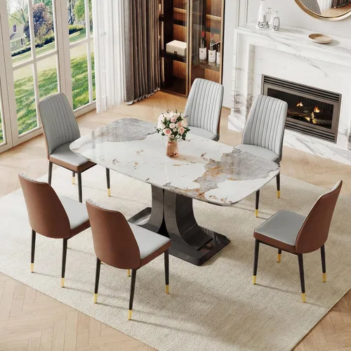 Miniatura 11 de Juego de mesa de comedor moderno para 6, juego de mesa de cocina y sillas de mármol para 6, mesa de cocina rectangular con 6 sillas tapizadas