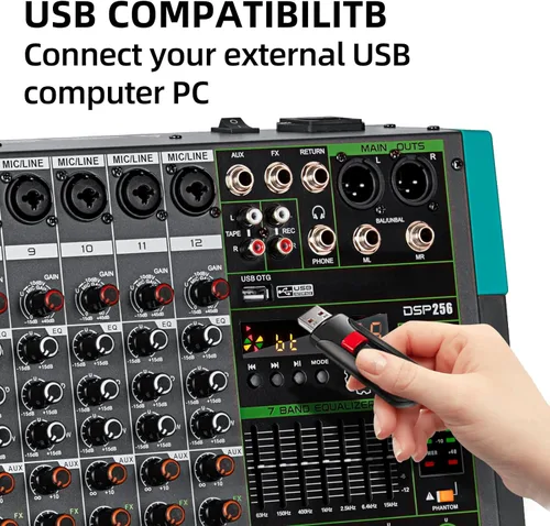 Miniatura 6 de Depusheng PA12 Mezclador de audio profesional, consola de mesa, sistema de interfaz de 12 canales, digital, USB, Bluetooth, MP3, entrada