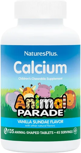 NaturesPlus Animal Parade Calcio, sabor vainilla Sundae - 135 tabletas masticables en forma de animal - Vegano, sin gluten - 45 porciones