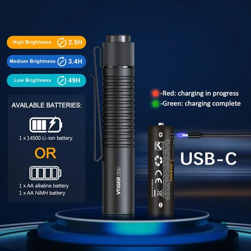Miniatura 6 de VTIGER T1A Mini Linterna EDC de Bolsillo con Clip, 1300 Lúmenes Linterna Compacta AA Recargable LED Pequeña, Interruptor de Cola Súper Brillante