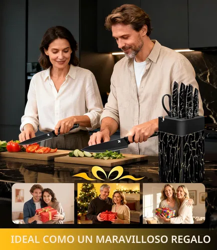 Miniatura 6 de Juego de cuchillos de cocina de 8 piezas, acero inoxidable alemán de alto carbono, cubiertos aptos para lavavajillas con afilador, color negro