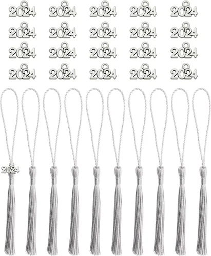 Miniatura 10 de Tupalizy 10 mini borlas sedosas hechas a mano con 20 dijes del año 2024 para graduación, llavero, aretes, joyería, regalos de boda, recuerdos, Negro