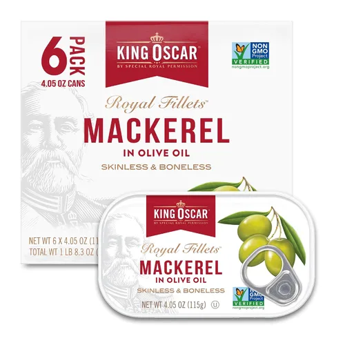 King Oscar Caballa en aceite de oliva, lata de 4.05 onzas (paquete de 6, el embalaje puede variar), sin piel y sin hueso, caballa enlatada capturada