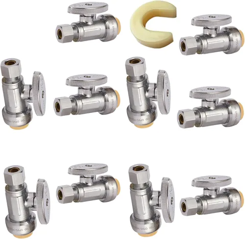 Miniatura 9 de Válvula de parada de ángulo de giro de 1/4, válvula de cierre de agua de compresión de 1/2 x 3/8 pulgadas con clip de desconexión, para PEX, cobre