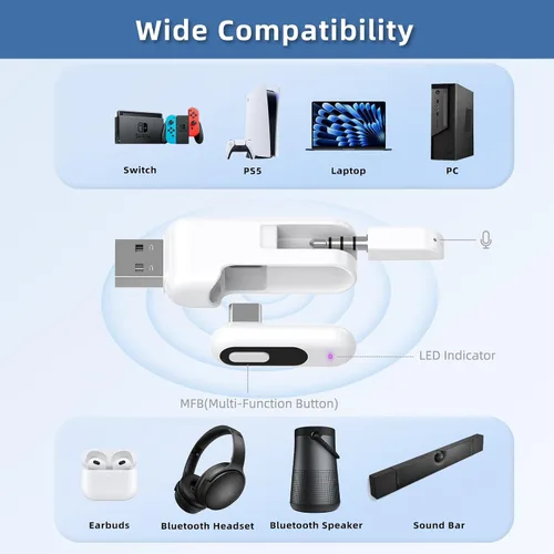 Miniatura 4 de Adaptador Bluetooth USB-C para PS5, adaptador de audio Bluetooth USB-A 2 en 1 para PS5 con aptX adaptativo y baja latencia, transmisor de audio